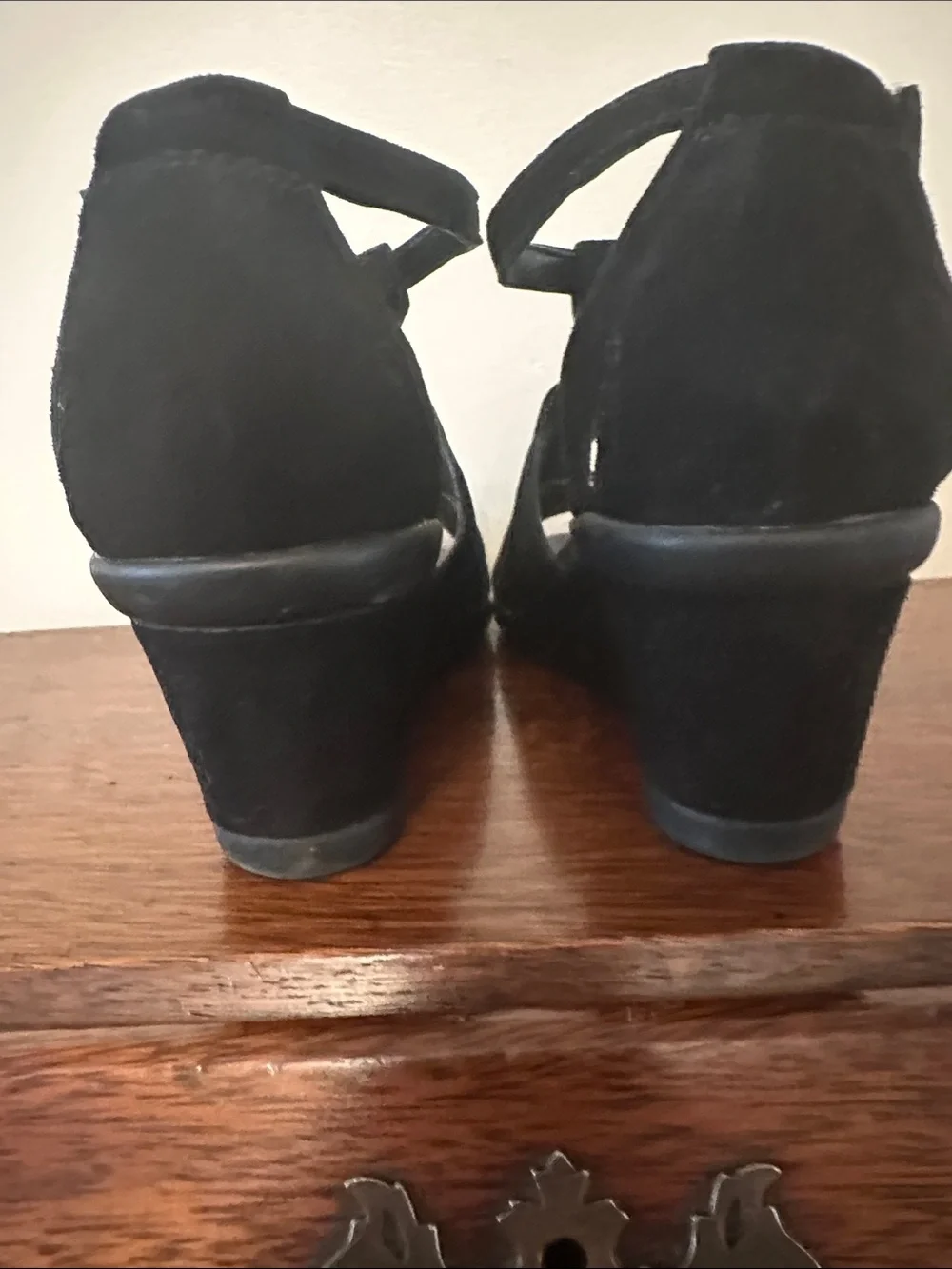 Earth Black Suede Wedge Sandals with Ankle Strap